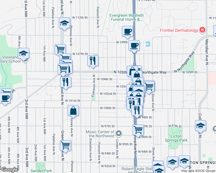 map of restaurants, bars, coffee shops, grocery stores, and more near 722 North 102nd Street in Seattle