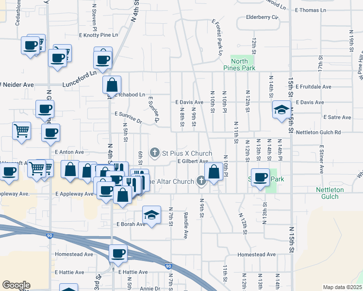 map of restaurants, bars, coffee shops, grocery stores, and more near 709 East Gilbert Avenue in Coeur d'Alene