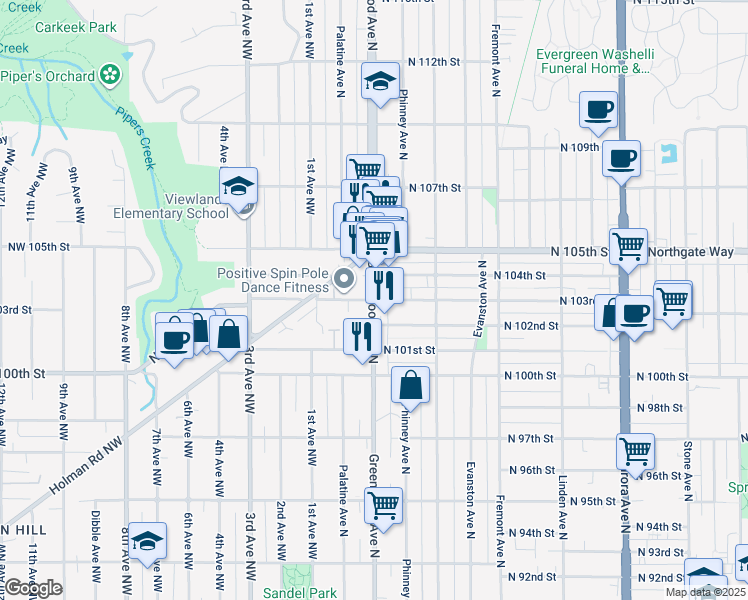 map of restaurants, bars, coffee shops, grocery stores, and more near Greenwood Ave N & N 103rd St in Seattle