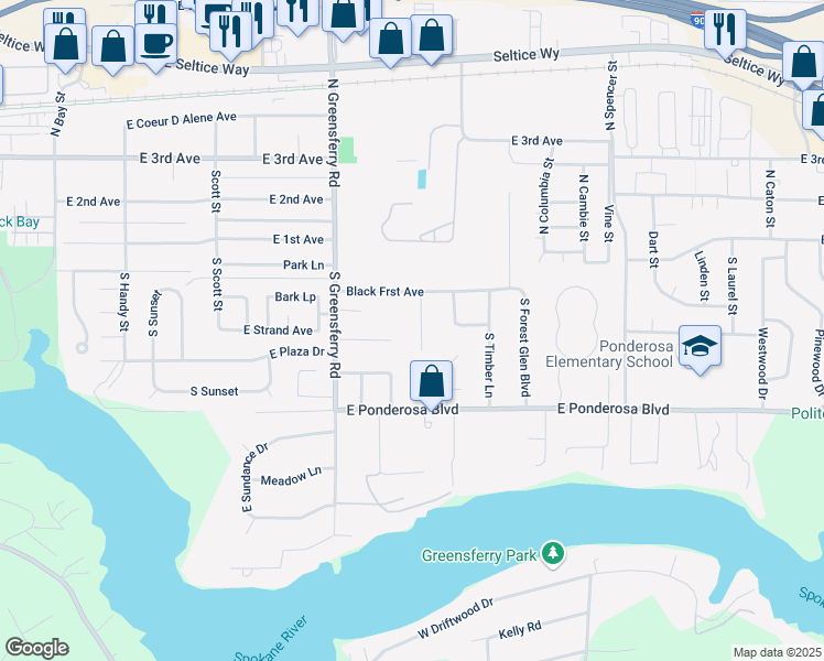 map of restaurants, bars, coffee shops, grocery stores, and more near 420 South Glenwood Drive in Post Falls
