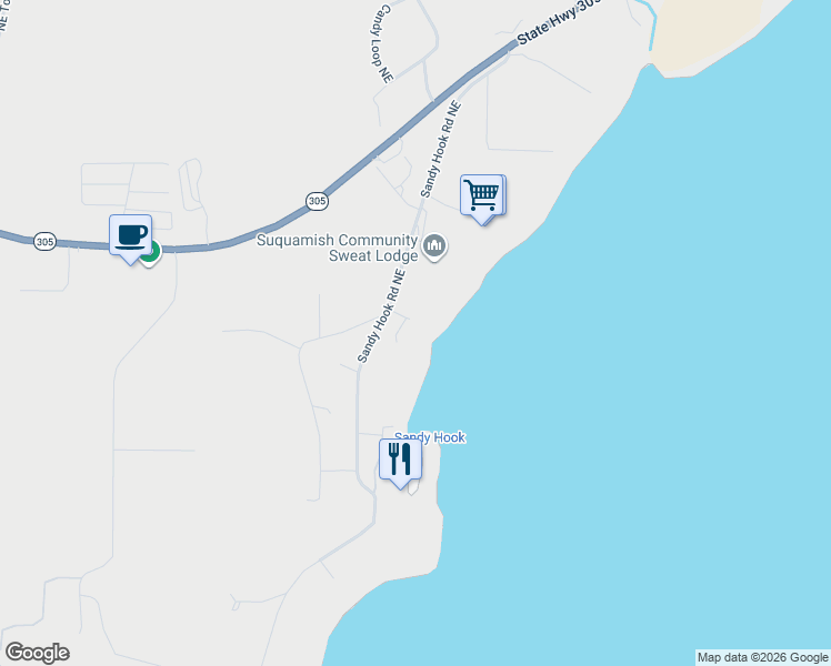 map of restaurants, bars, coffee shops, grocery stores, and more near 15558 Sandy Hook Road Northeast in Poulsbo