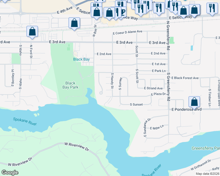 map of restaurants, bars, coffee shops, grocery stores, and more near 1507 East Plaza Drive in Post Falls