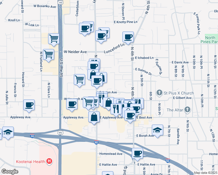 map of restaurants, bars, coffee shops, grocery stores, and more near 202 East Anton Avenue in Coeur d'Alene
