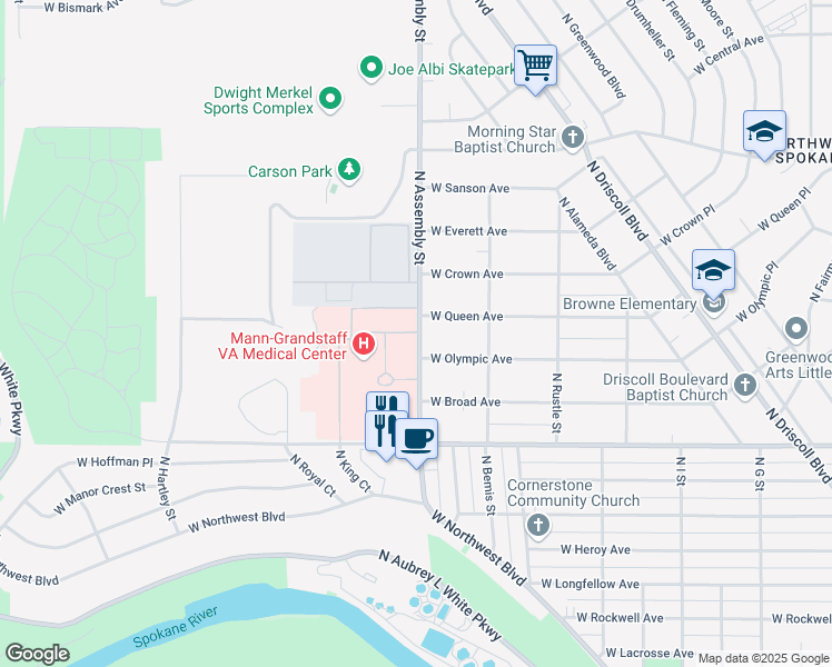 map of restaurants, bars, coffee shops, grocery stores, and more near 4322 West Olympic Avenue in Spokane