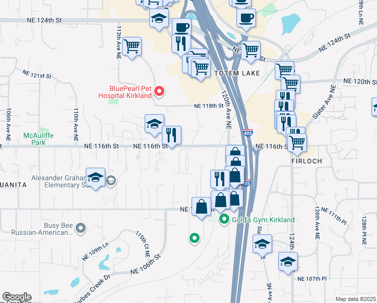 map of restaurants, bars, coffee shops, grocery stores, and more near 11518 117th Lane Northeast in Kirkland