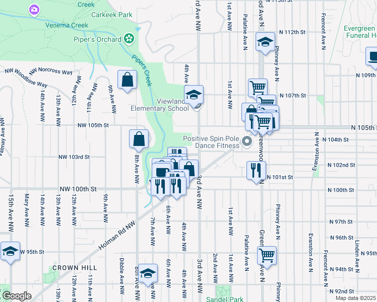 map of restaurants, bars, coffee shops, grocery stores, and more near in Seattle