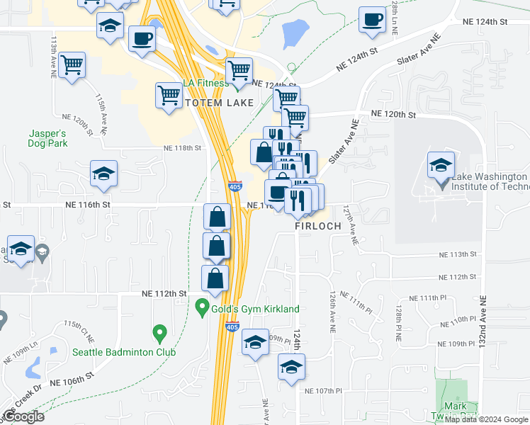 map of restaurants, bars, coffee shops, grocery stores, and more near 12217 Northeast 116th Street in Kirkland