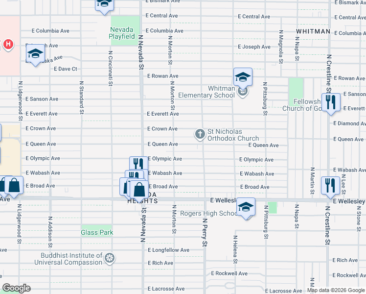 map of restaurants, bars, coffee shops, grocery stores, and more near 1218 East Queen Avenue in Spokane