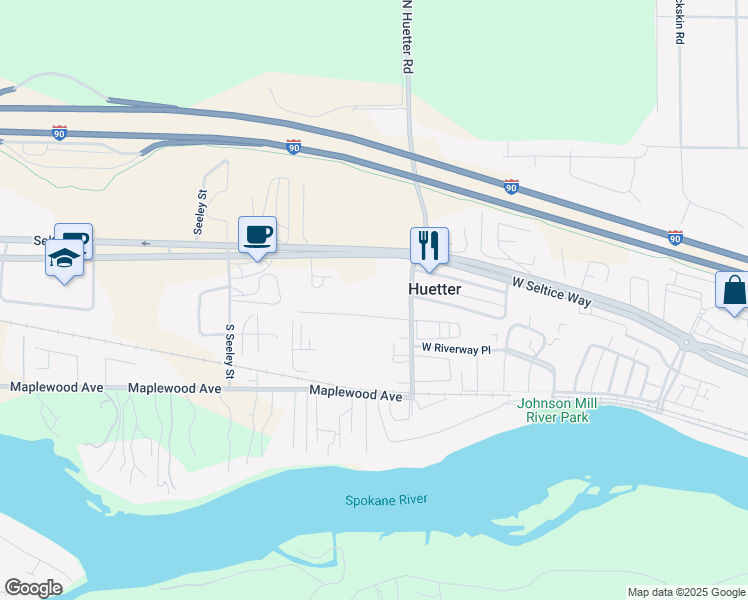 map of restaurants, bars, coffee shops, grocery stores, and more near 3525 North Huetter Road in Coeur d'Alene