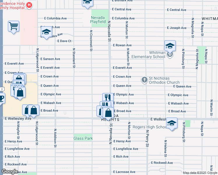 map of restaurants, bars, coffee shops, grocery stores, and more near 914 East Olympic Avenue in Spokane
