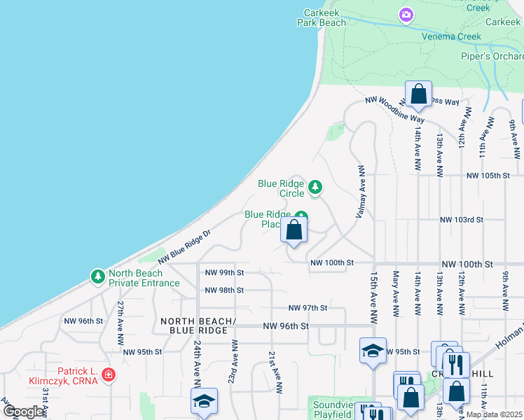 map of restaurants, bars, coffee shops, grocery stores, and more near 10334 Bedford Court Northwest in Seattle