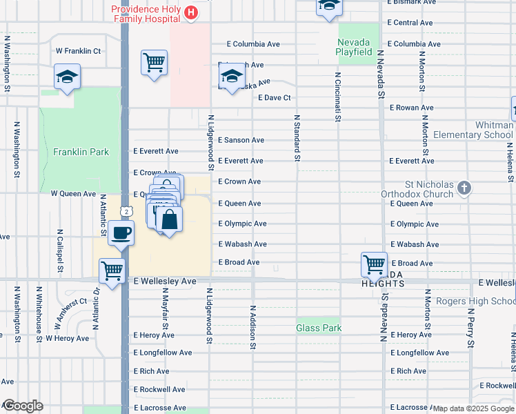 map of restaurants, bars, coffee shops, grocery stores, and more near 502 East Queen Avenue in Spokane