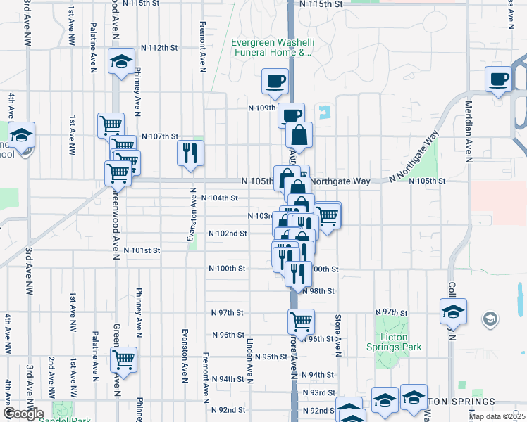 map of restaurants, bars, coffee shops, grocery stores, and more near 918 North 103rd Street in Seattle