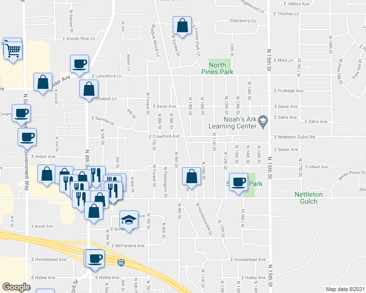 map of restaurants, bars, coffee shops, grocery stores, and more near 3101 North 10th Street in Coeur d'Alene
