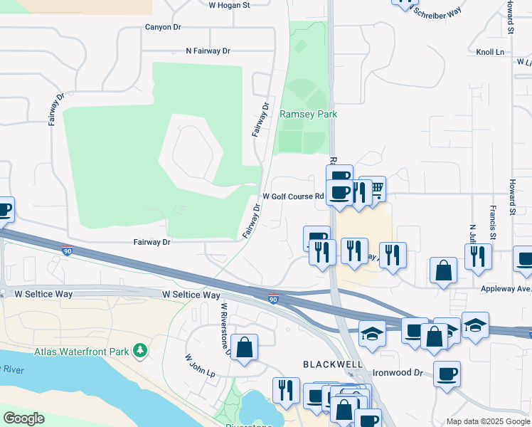 map of restaurants, bars, coffee shops, grocery stores, and more near 1793 Fairway Drive in Coeur d'Alene
