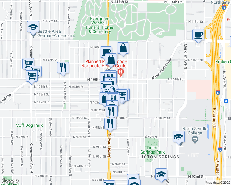 map of restaurants, bars, coffee shops, grocery stores, and more near 10342 Midvale Avenue North in Seattle