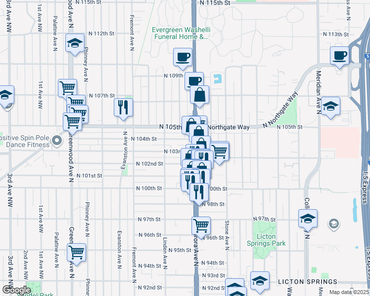 map of restaurants, bars, coffee shops, grocery stores, and more near 930 North 104th Street in Seattle