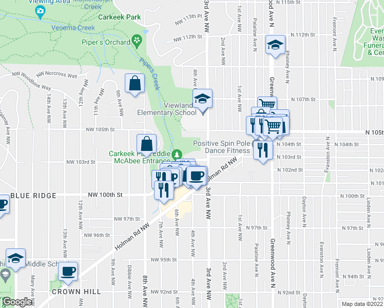 map of restaurants, bars, coffee shops, grocery stores, and more near 341 Northwest 105th Street in Seattle