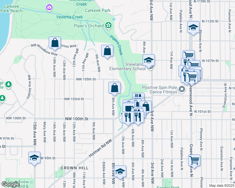 map of restaurants, bars, coffee shops, grocery stores, and more near 10407 Alderbrook Place Northwest in Seattle