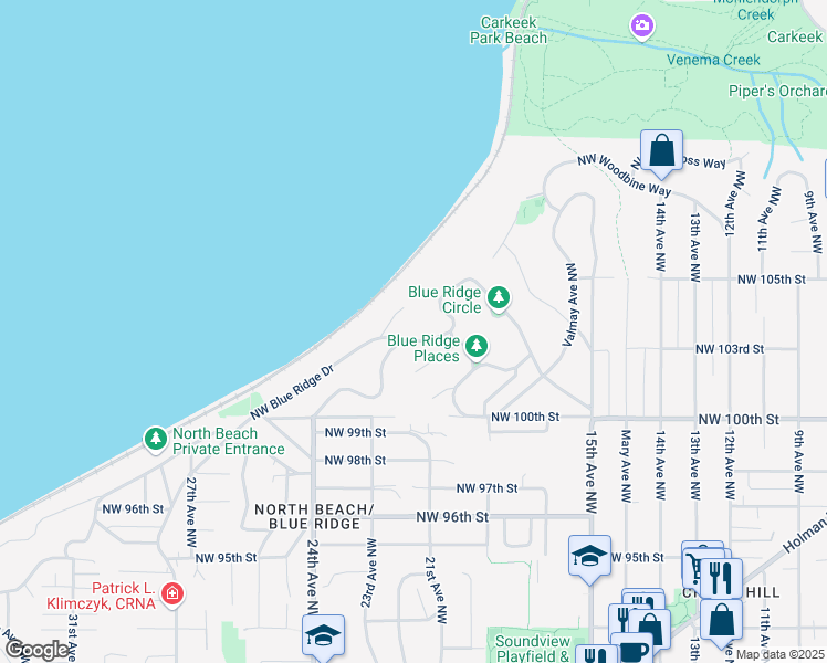 map of restaurants, bars, coffee shops, grocery stores, and more near 10334 Bedford Court Northwest in Seattle
