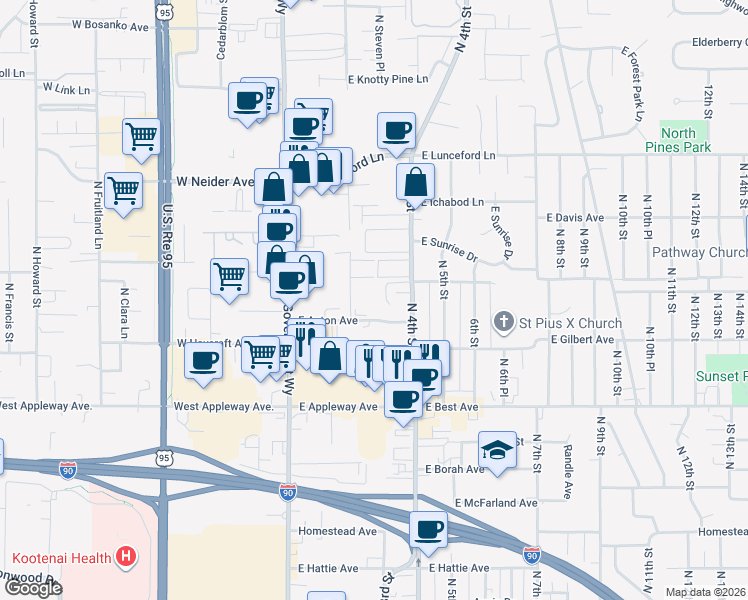 map of restaurants, bars, coffee shops, grocery stores, and more near 205 East Anton Avenue in Coeur d'Alene