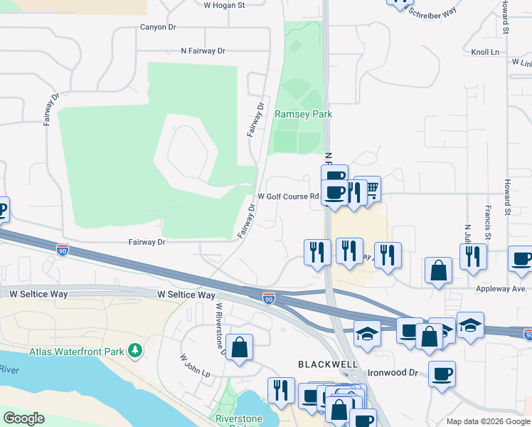 map of restaurants, bars, coffee shops, grocery stores, and more near 1820 Legends Parkway in Coeur d'Alene