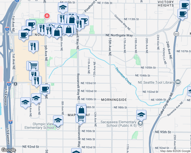 map of restaurants, bars, coffee shops, grocery stores, and more near 1209 Northeast 104th Street in Seattle