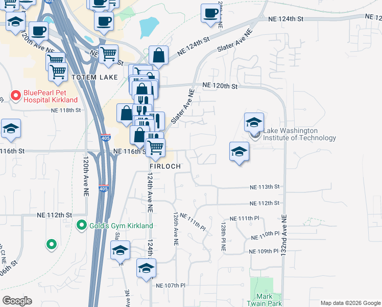 map of restaurants, bars, coffee shops, grocery stores, and more near 12709 Northeast 116th Street in Kirkland