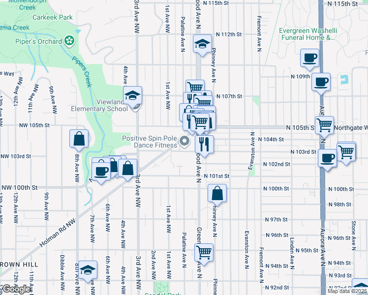 map of restaurants, bars, coffee shops, grocery stores, and more near 10439 Holman Road North in Seattle
