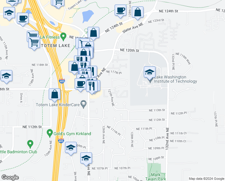 map of restaurants, bars, coffee shops, grocery stores, and more near 12707 Northeast 116th Street in Kirkland