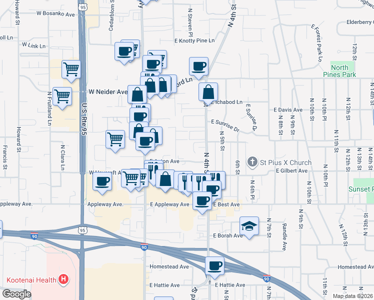 map of restaurants, bars, coffee shops, grocery stores, and more near 205 East Anton Avenue in Coeur d'Alene