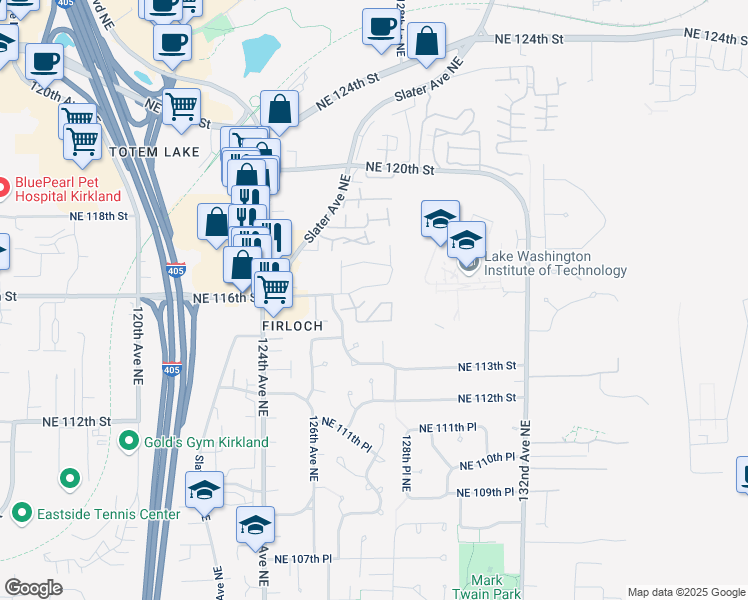 map of restaurants, bars, coffee shops, grocery stores, and more near 12719 Northeast 116th Street in Kirkland