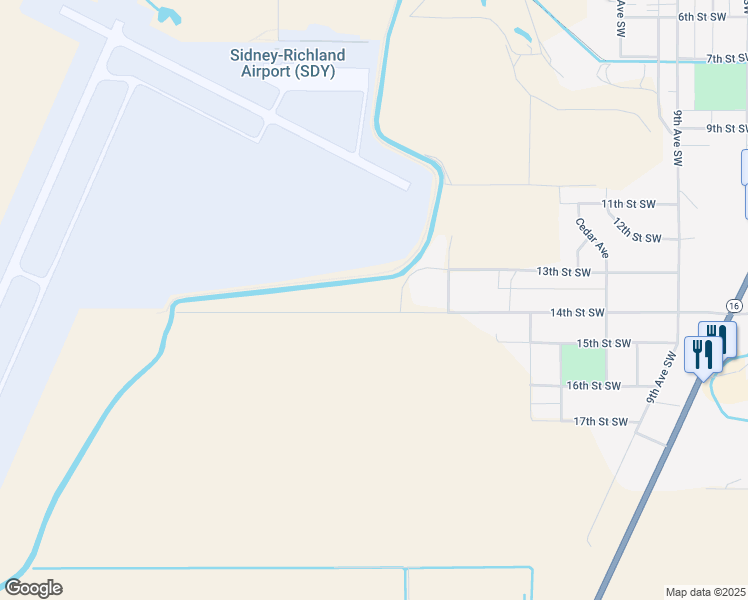map of restaurants, bars, coffee shops, grocery stores, and more near 1711 14th Street Southwest in Sidney