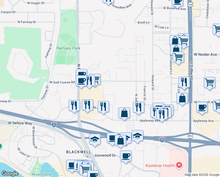 map of restaurants, bars, coffee shops, grocery stores, and more near 1256 West Marie Avenue in Coeur d'Alene