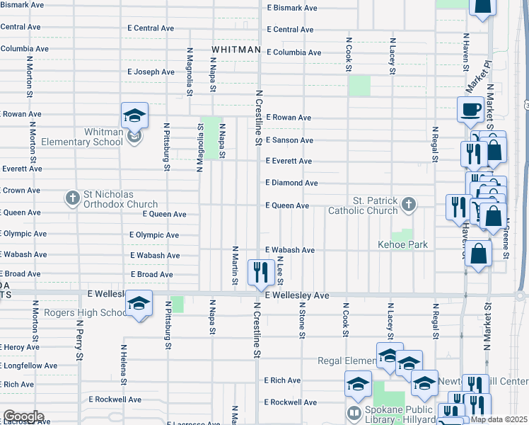 map of restaurants, bars, coffee shops, grocery stores, and more near 2117 East Queen Avenue in Spokane