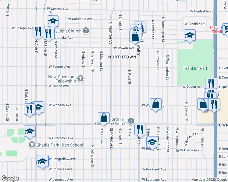map of restaurants, bars, coffee shops, grocery stores, and more near in Spokane