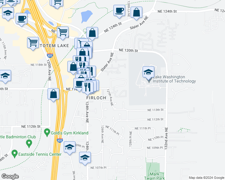 map of restaurants, bars, coffee shops, grocery stores, and more near 11616 127th Lane Northeast in Kirkland