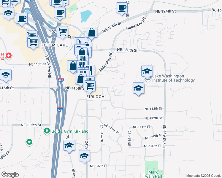 map of restaurants, bars, coffee shops, grocery stores, and more near 11616 127th Lane Northeast in Kirkland