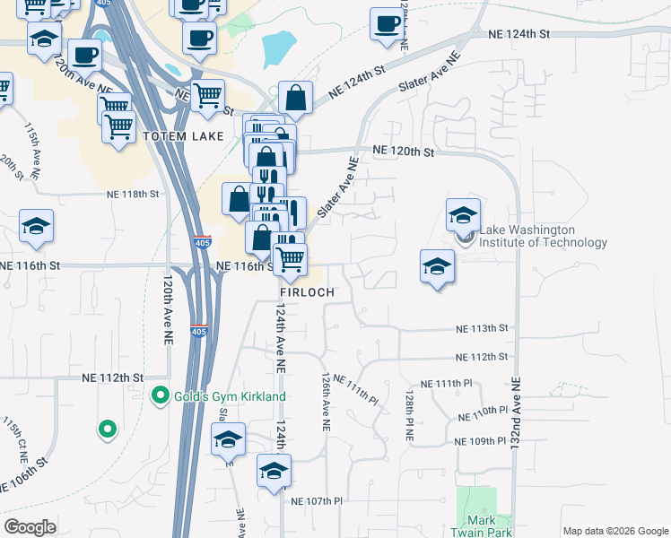 map of restaurants, bars, coffee shops, grocery stores, and more near 11626 Slater Avenue Northeast in Kirkland