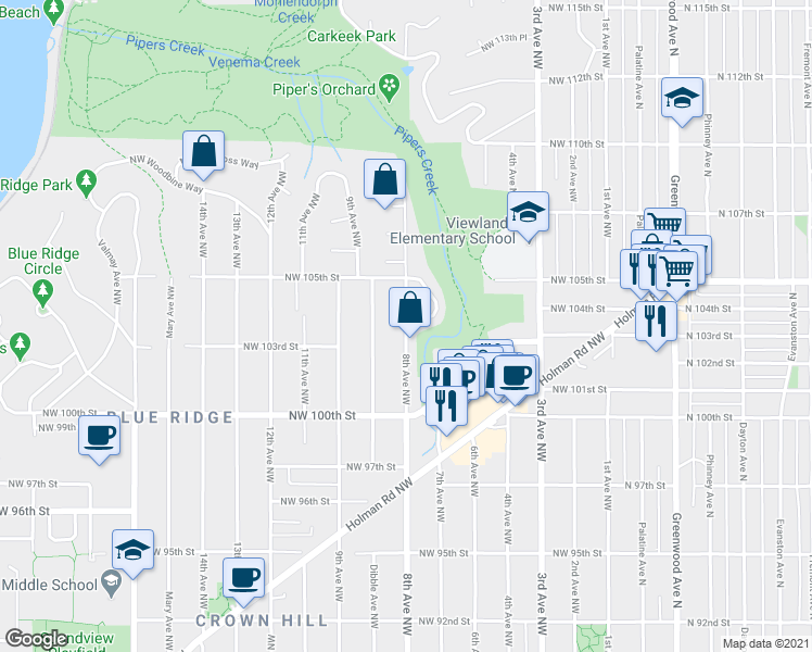 map of restaurants, bars, coffee shops, grocery stores, and more near 8th Avenue Northwest & Alderbrook Place Northwest in Seattle