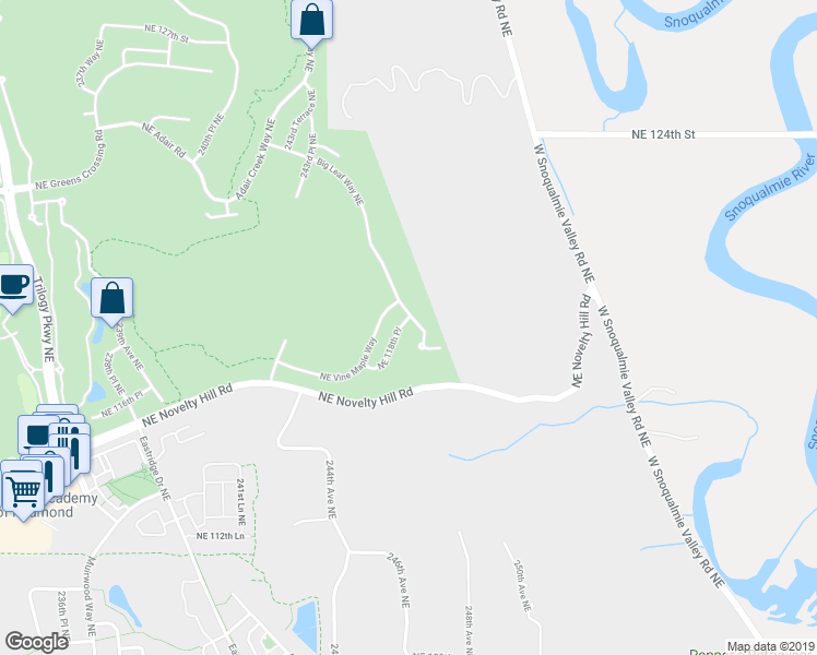 map of restaurants, bars, coffee shops, grocery stores, and more near 24589 Northeast 118th Place in Redmond