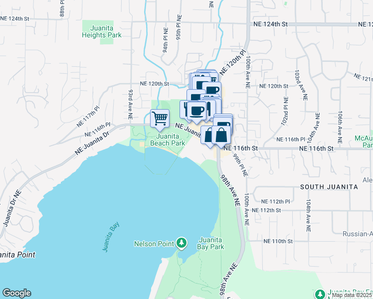 map of restaurants, bars, coffee shops, grocery stores, and more near 9715 Northeast Juanita Drive in Kirkland