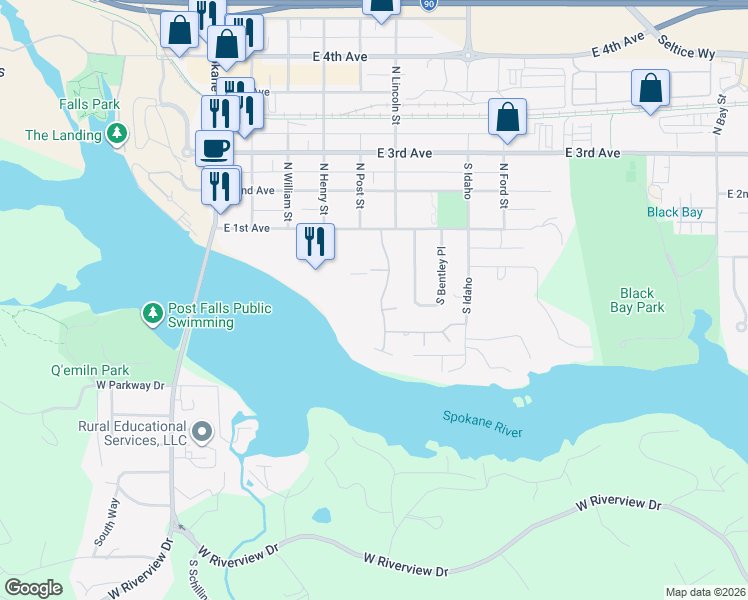 map of restaurants, bars, coffee shops, grocery stores, and more near 500 Whitewater Lane in Post Falls