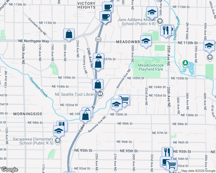 map of restaurants, bars, coffee shops, grocery stores, and more near 10340 Fischer Place Northeast in Seattle