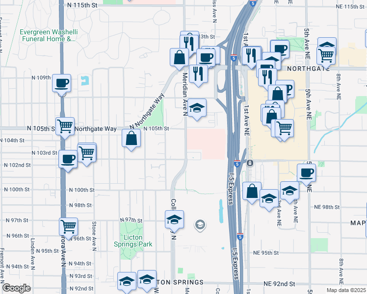 map of restaurants, bars, coffee shops, grocery stores, and more near 10321 Meridian Avenue North in Seattle