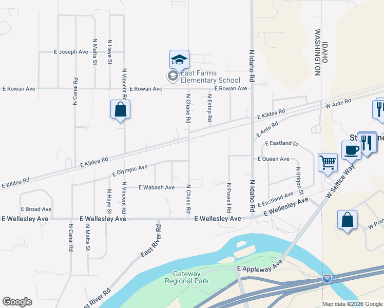 map of restaurants, bars, coffee shops, grocery stores, and more near 5218 North Chase Road in Newman Lake