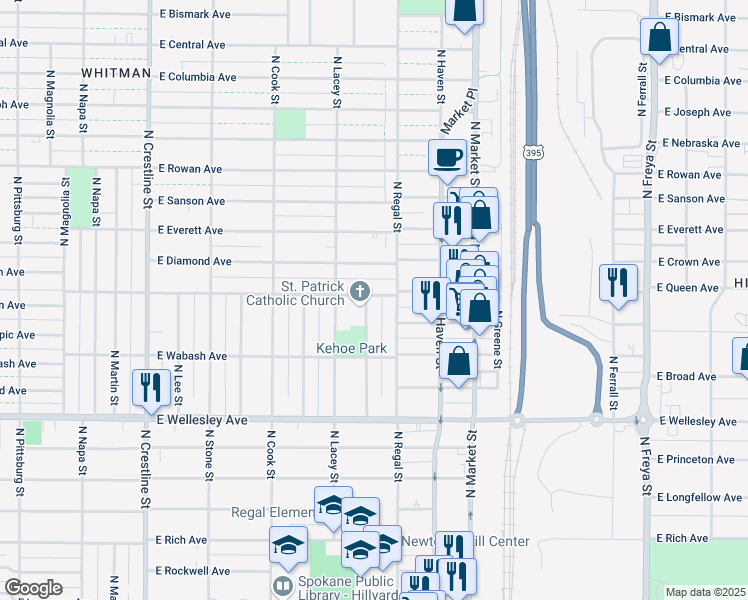 map of restaurants, bars, coffee shops, grocery stores, and more near 5028 North Nelson Street in Spokane