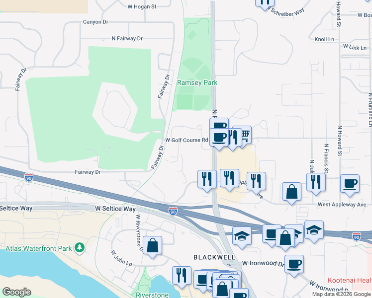 map of restaurants, bars, coffee shops, grocery stores, and more near 1820 Legends Parkway in Coeur d'Alene