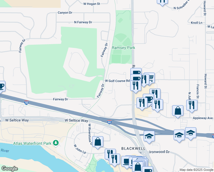 map of restaurants, bars, coffee shops, grocery stores, and more near 1793 Fairway Drive in Coeur d'Alene