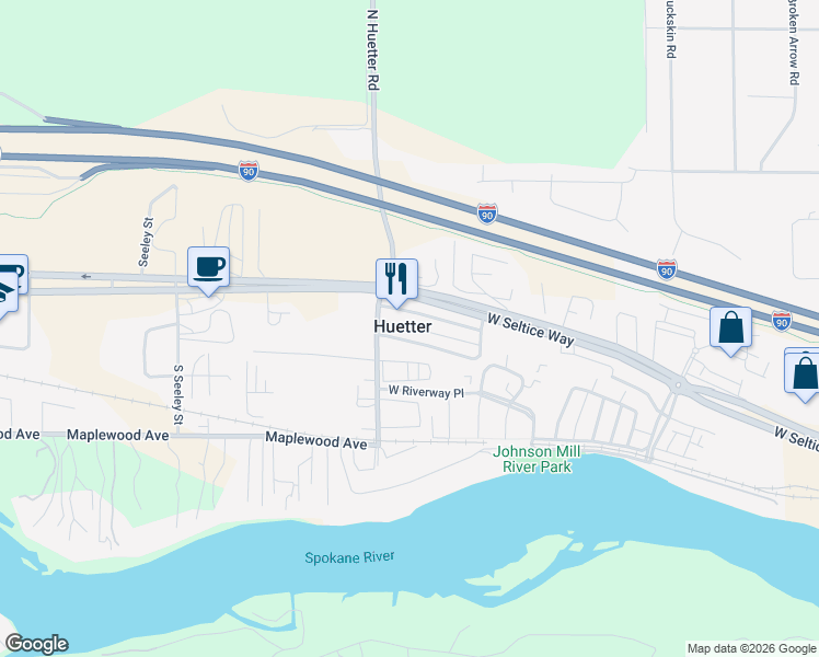 map of restaurants, bars, coffee shops, grocery stores, and more near in Huetter